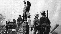Gurkha troops make their way to Mandalay, Burma.