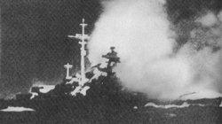 The Bismarck fires its main salvo at HMS Hood.