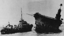 The aircraft carrier HMS Ark Royal sinking after being torpedoed by U-81, near Gibraltar.