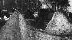 Russian troops dismantle Finnish anti-tank defences near Teriiolii in Karelia during December 1939.