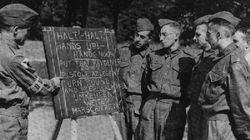 Home Guard volunteers learn essential phrases to use should they catch a German invader.