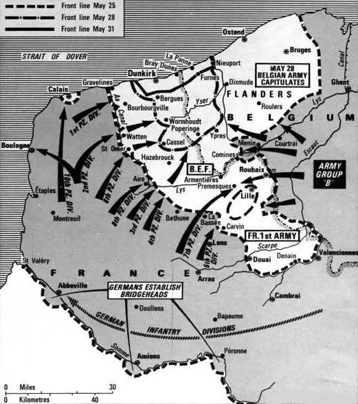 Dunkirk: 25th-30th May 1940 - German armed forces pressed the Allied armies trapped in the north, from south and east, into the English Channel. Meanwhile, German infantry divisions reinforced the southern flank of the the German penetration.